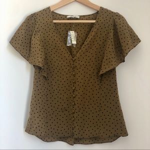 Silk Carmelina Flutter-Sleeve Top in Polka Dot